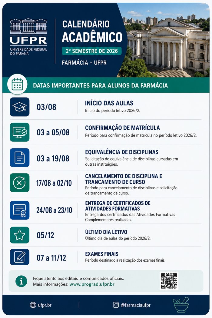 Calendário acadêmico do 2º semestre de 2026 — Farmácia UFPR